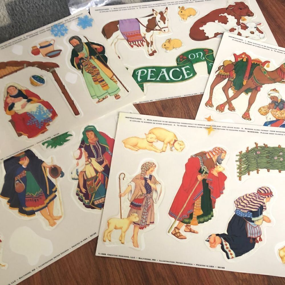 Vintage 1995 nativity scene window decals.